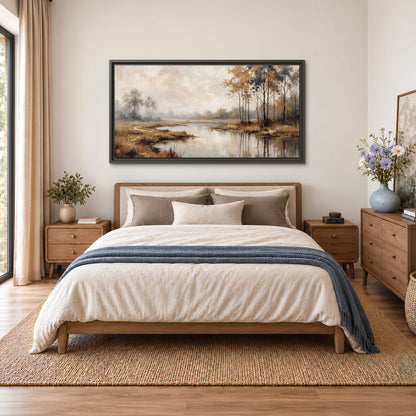 Warm autumn trees beside a quiet reflective river single framed canvas wall art styled in an interior