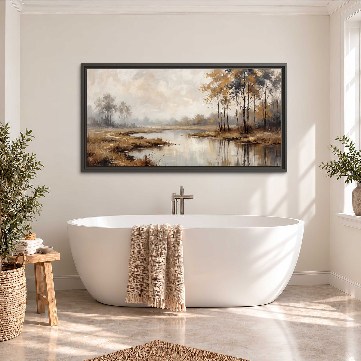 Warm autumn trees beside a quiet reflective river single framed canvas wall art styled in an interior