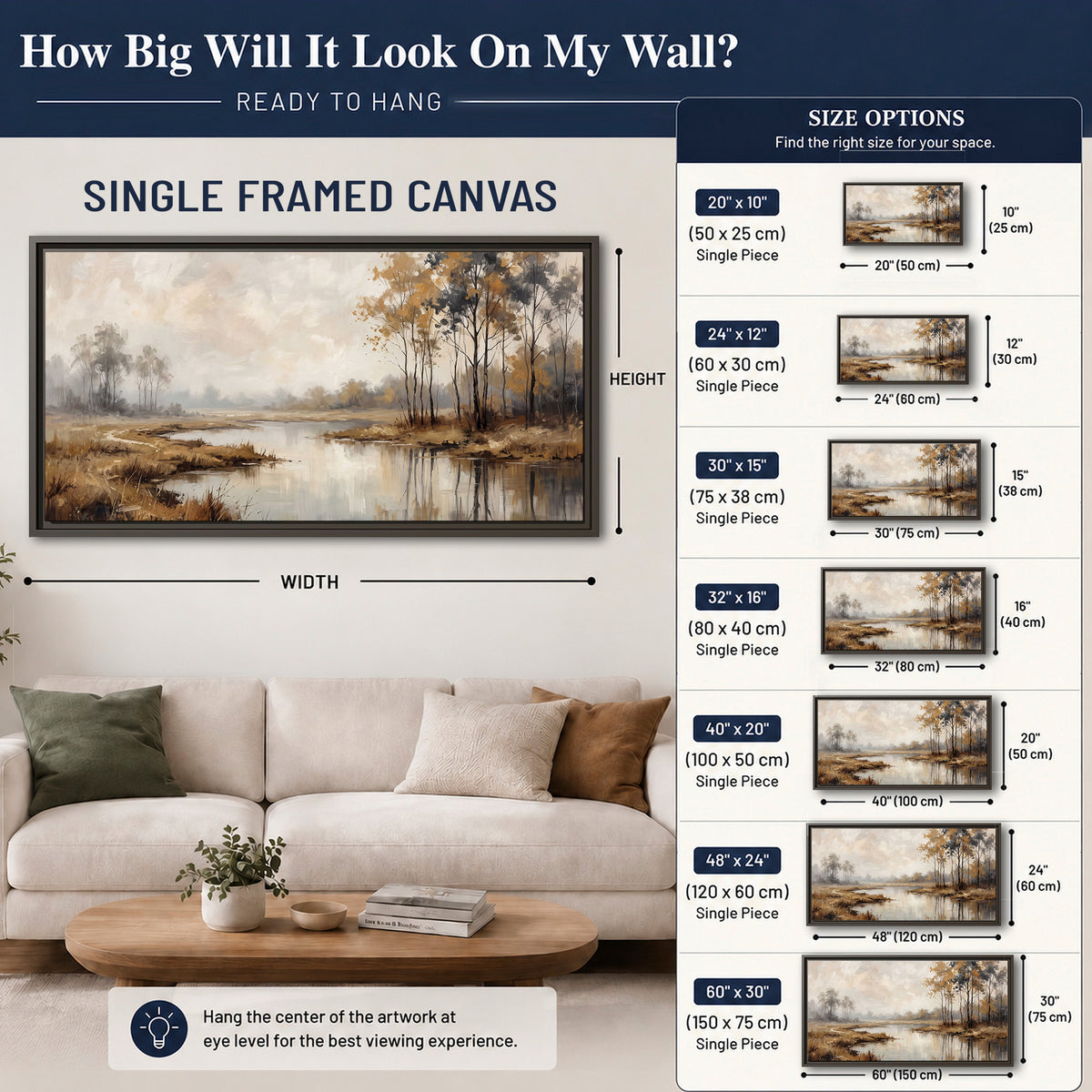 Warm autumn trees beside a quiet reflective river single framed canvas wall art size guide above a sofa; room view is illustrative