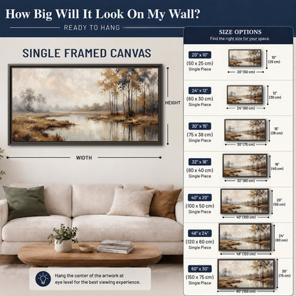 Warm autumn trees beside a quiet reflective river single framed canvas wall art size guide above a sofa; room view is illustrative
