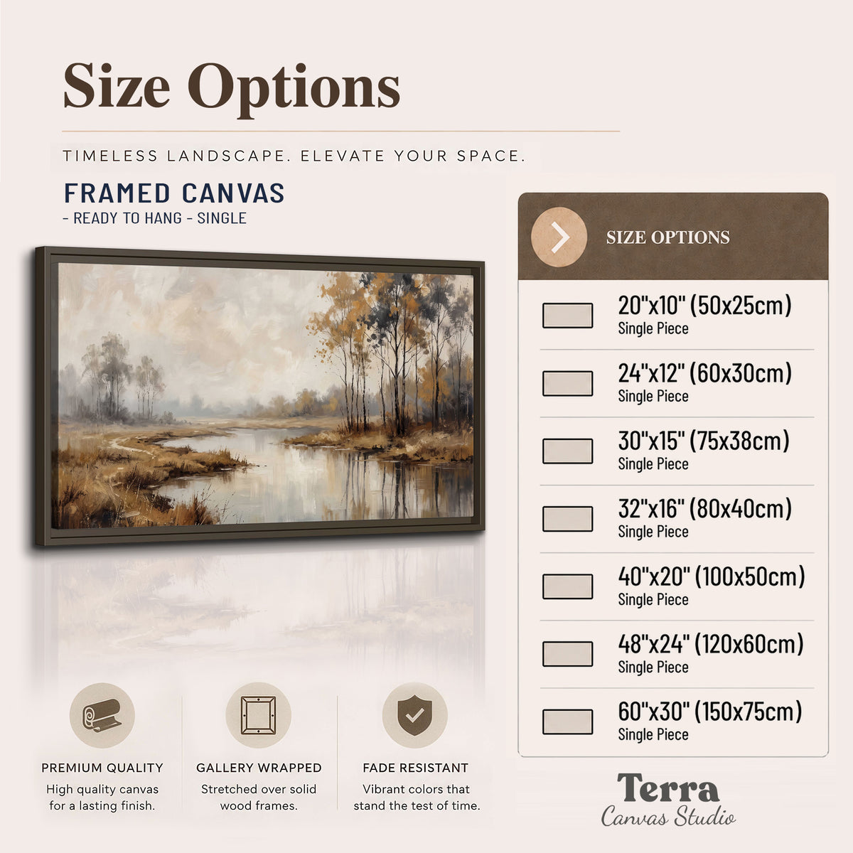 Warm autumn trees beside a quiet reflective river single framed canvas wall art available dimensions
