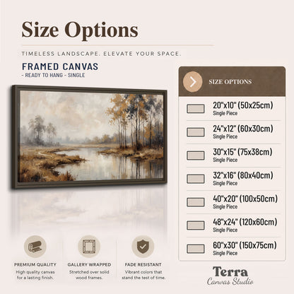 Warm autumn trees beside a quiet reflective river single framed canvas wall art available dimensions