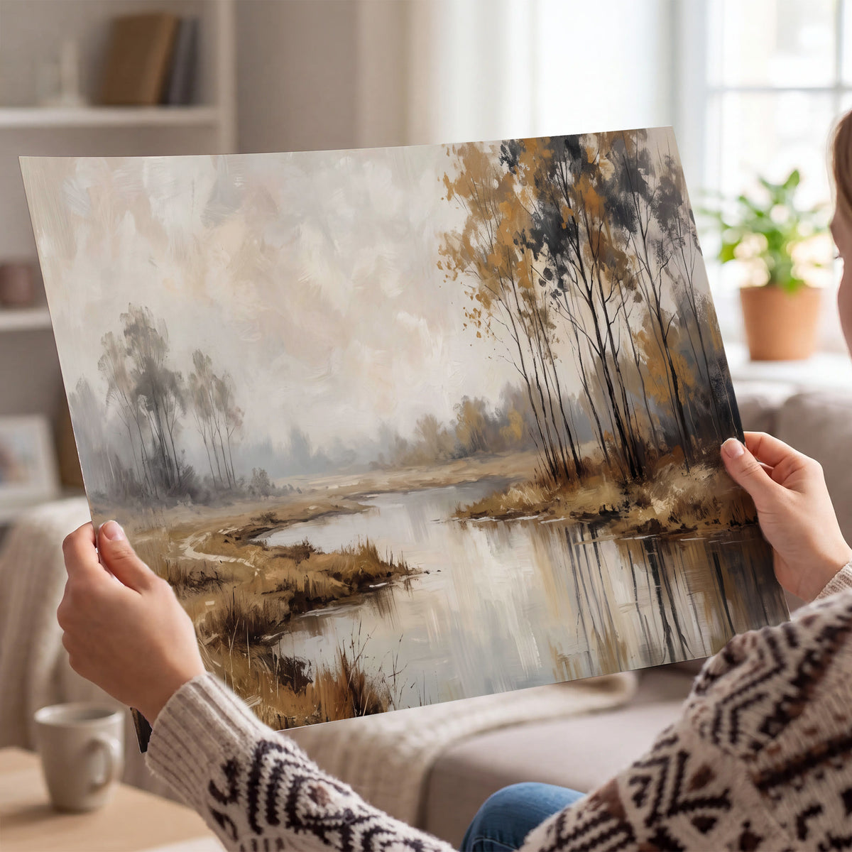 Warm autumn trees beside a quiet reflective river single poster print held in hands
