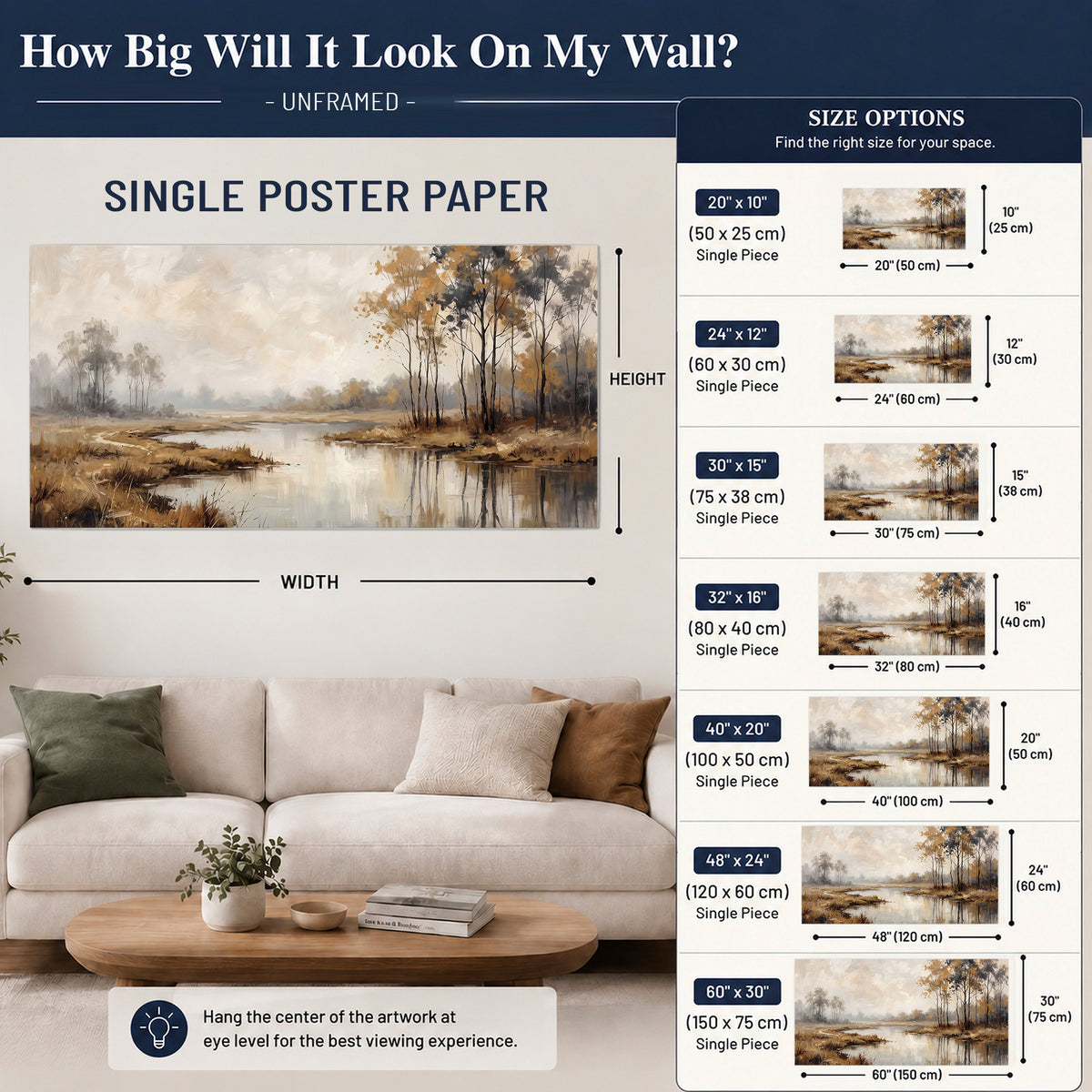 Warm autumn trees beside a quiet reflective river single poster print size guide above a sofa; room view is illustrative