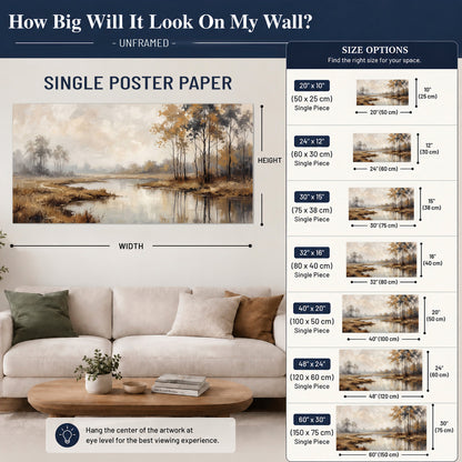 Warm autumn trees beside a quiet reflective river single poster print size guide above a sofa; room view is illustrative