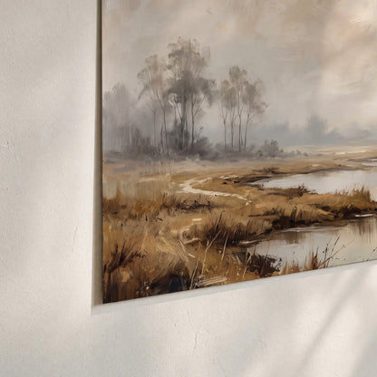 Warm autumn trees beside a quiet reflective river set of 3 poster prints material and edge close up