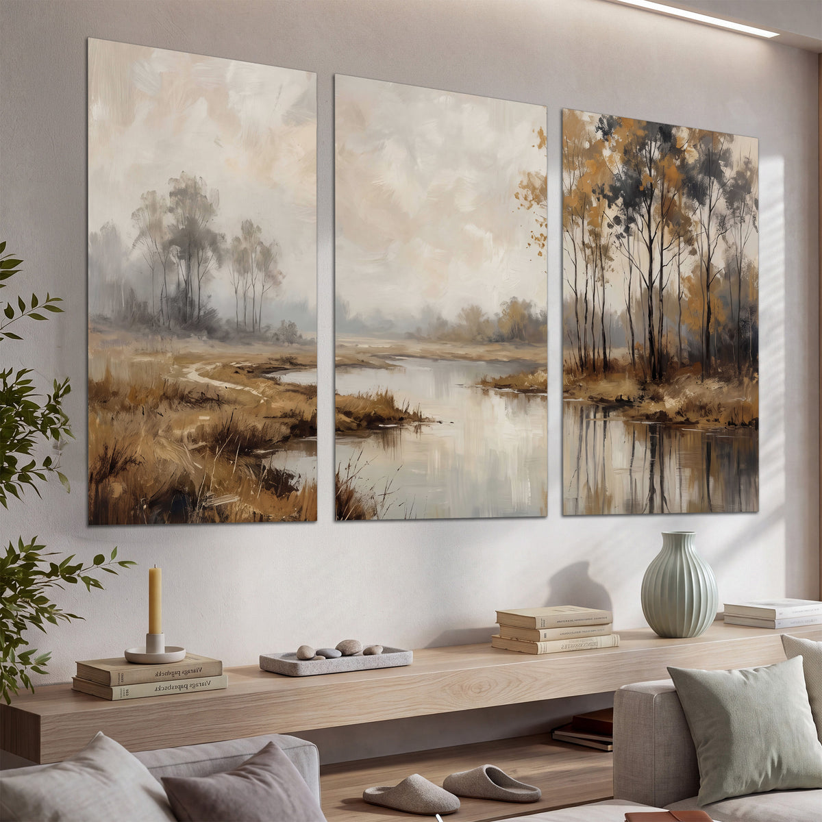 Warm autumn trees beside a quiet reflective river set of 3 poster prints displayed in a console