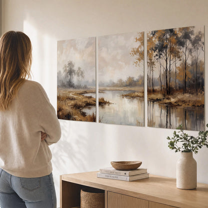 Warm autumn trees beside a quiet reflective river set of 3 poster prints three panel arrangement on a wall