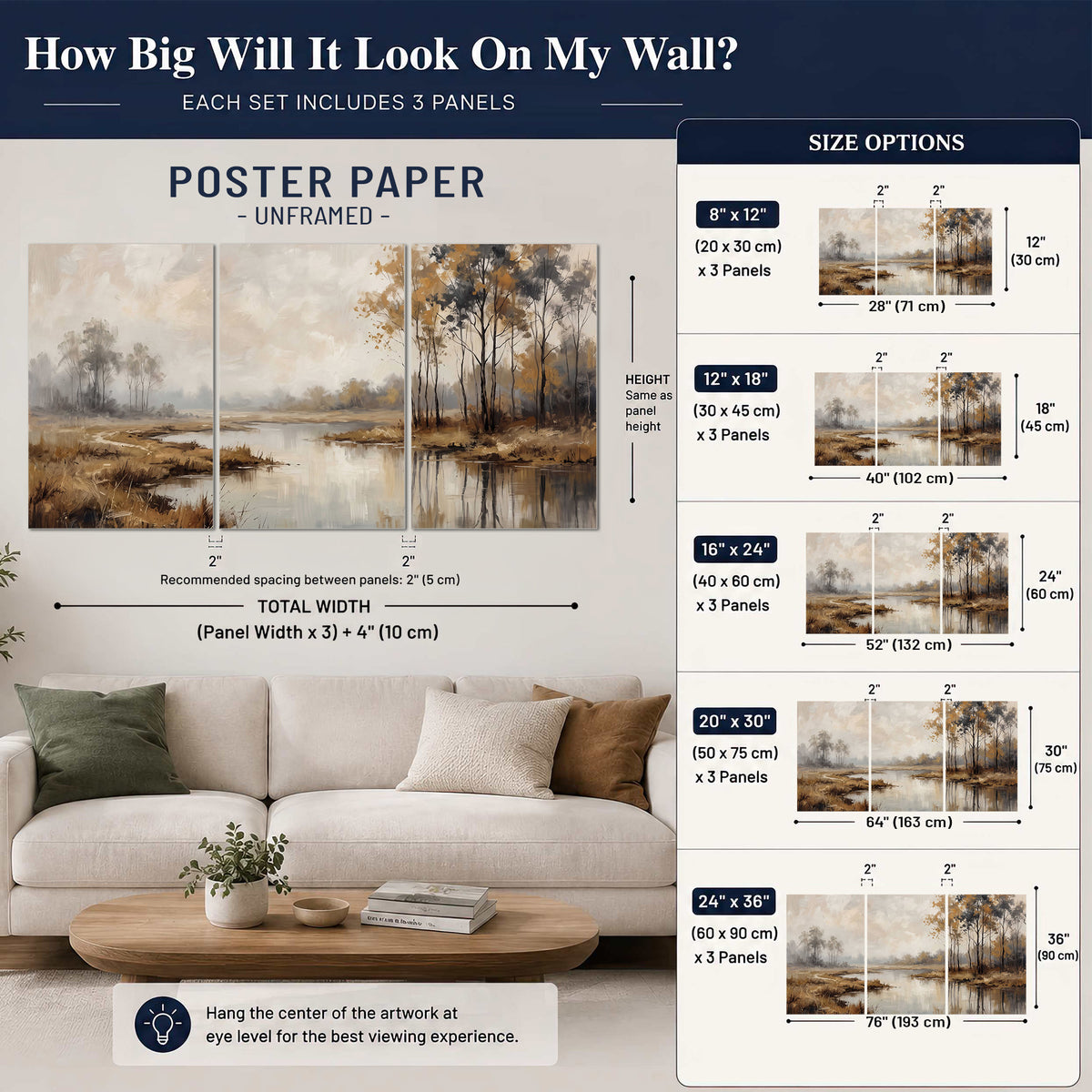 Warm autumn trees beside a quiet reflective river set of 3 poster prints size guide above a sofa; room view is illustrative