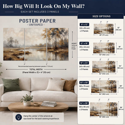 Warm autumn trees beside a quiet reflective river set of 3 poster prints size guide above a sofa; room view is illustrative