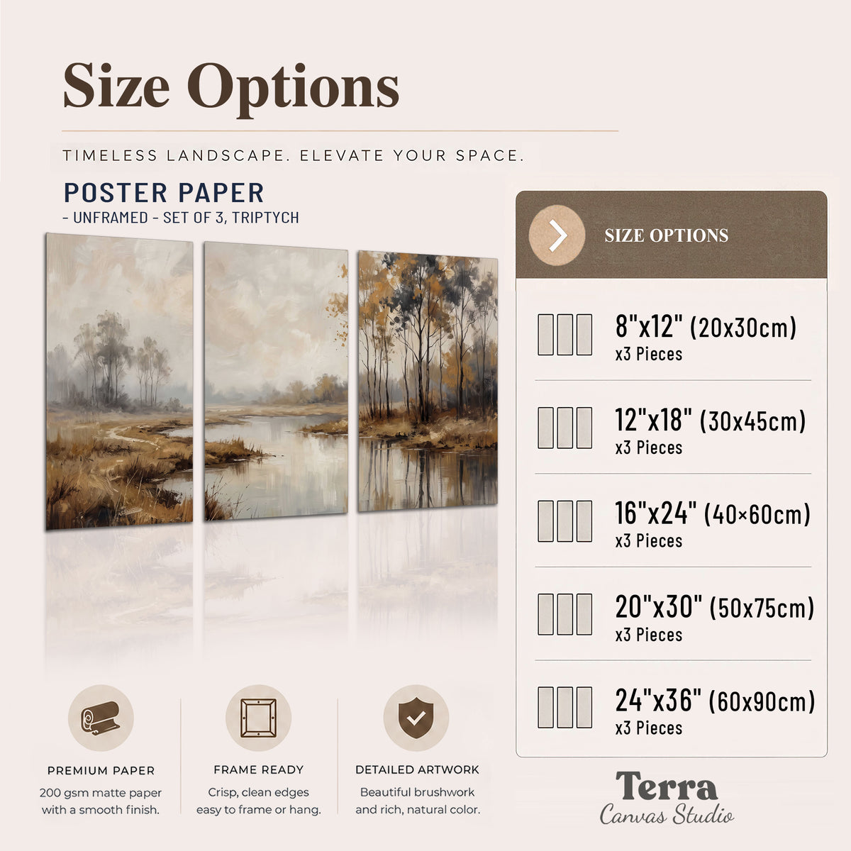 Warm autumn trees beside a quiet reflective river set of 3 poster prints available dimensions; triptych dimensions are per panel
