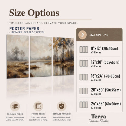Warm autumn trees beside a quiet reflective river set of 3 poster prints available dimensions; triptych dimensions are per panel