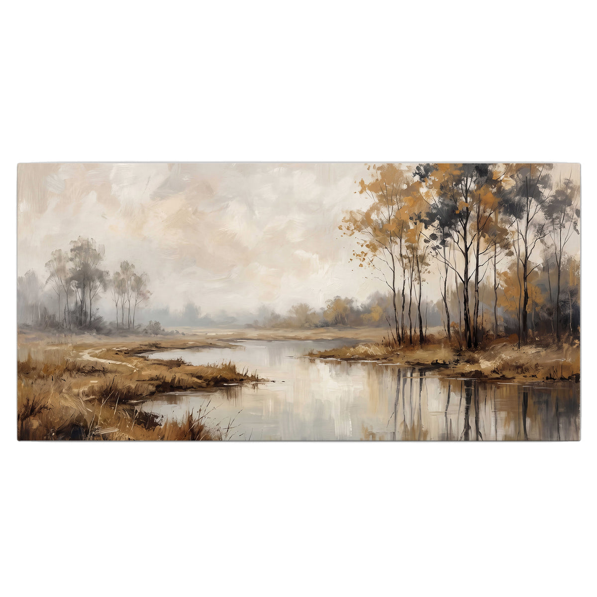 Warm autumn trees beside a quiet reflective river single canvas wall art viewed straight on