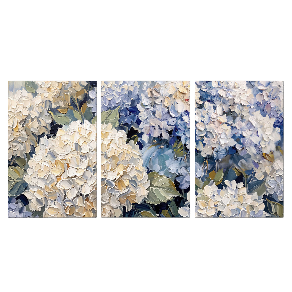 Clusters of pale blue and ivory hydrangea blossoms 3 piece canvas wall art viewed straight on
