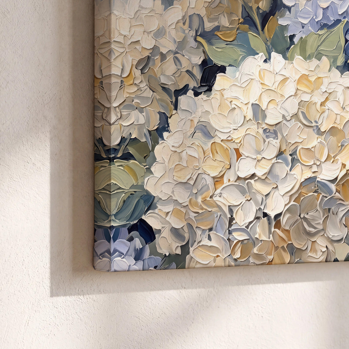 Clusters of pale blue and ivory hydrangea blossoms 3 piece canvas wall art material and edge close up