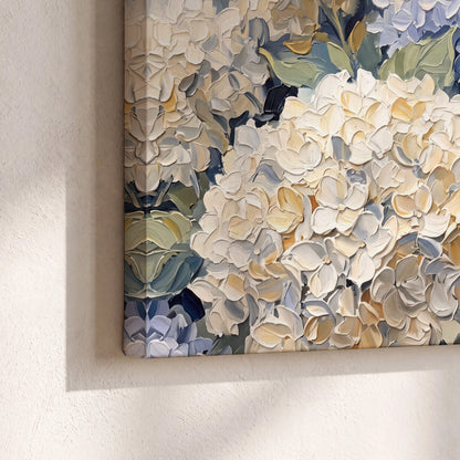 Clusters of pale blue and ivory hydrangea blossoms 3 piece canvas wall art material and edge close up