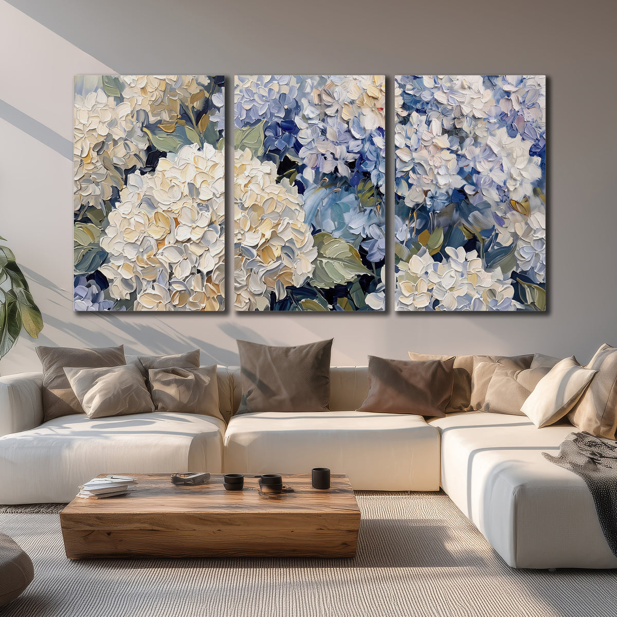 Clusters of pale blue and ivory hydrangea blossoms 3 piece canvas wall art displayed in a living room
