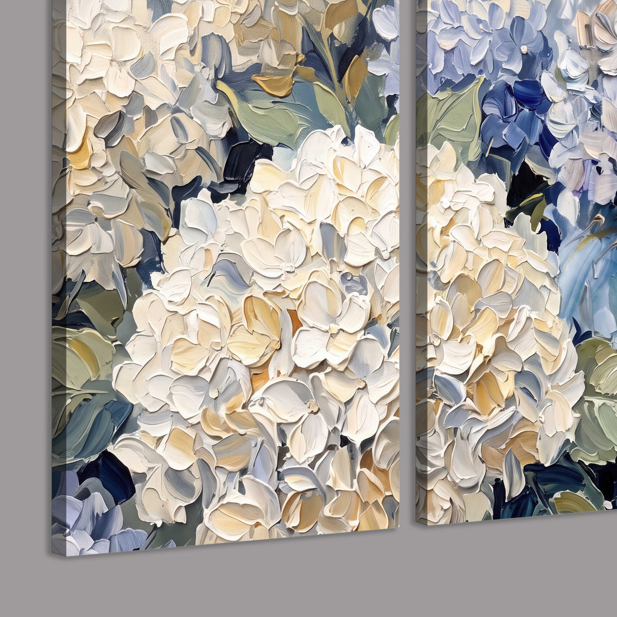Clusters of pale blue and ivory hydrangea blossoms 3 piece canvas wall art room and product view