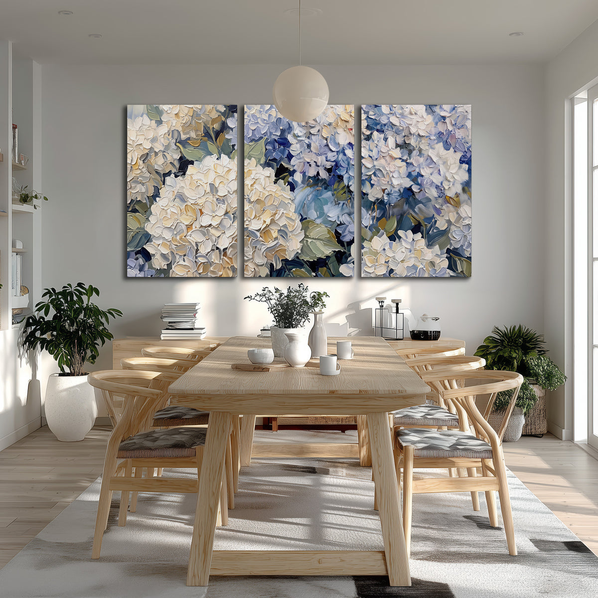 Clusters of pale blue and ivory hydrangea blossoms 3 piece canvas wall art room and product view
