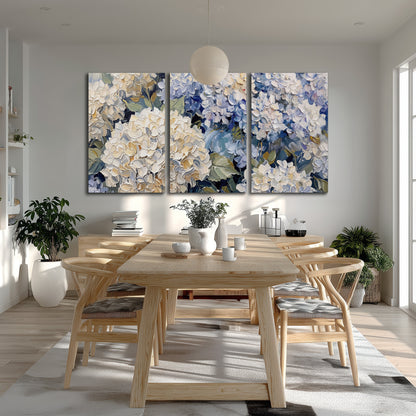 Clusters of pale blue and ivory hydrangea blossoms 3 piece canvas wall art room and product view