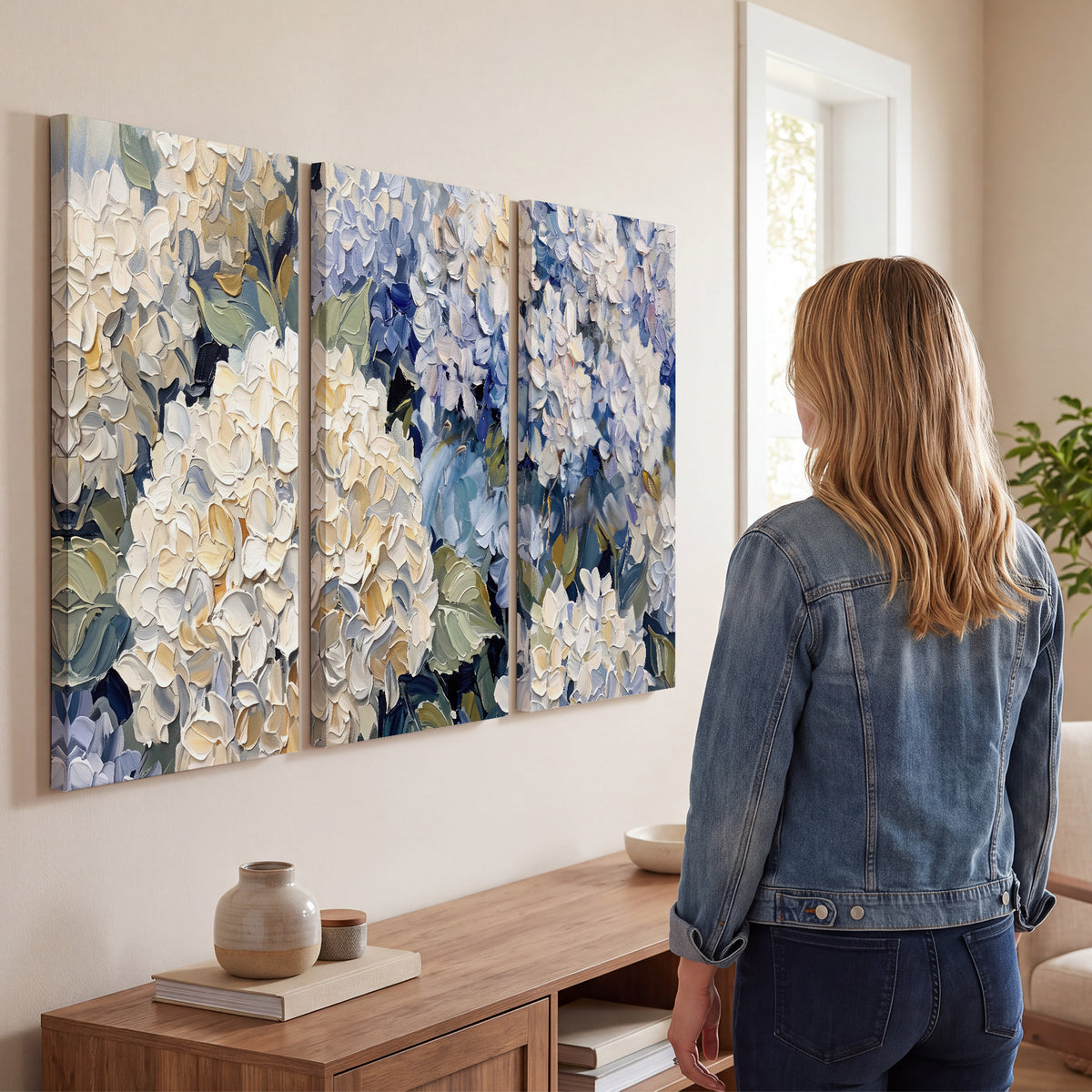 Clusters of pale blue and ivory hydrangea blossoms 3 piece canvas wall art three panel arrangement on a wall