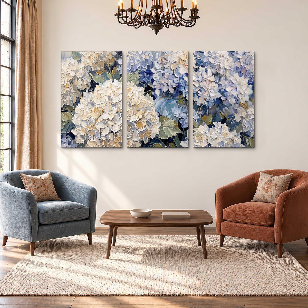 Clusters of pale blue and ivory hydrangea blossoms 3 piece canvas wall art styled in an interior