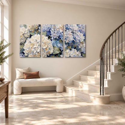 Clusters of pale blue and ivory hydrangea blossoms 3 piece canvas wall art styled in an interior
