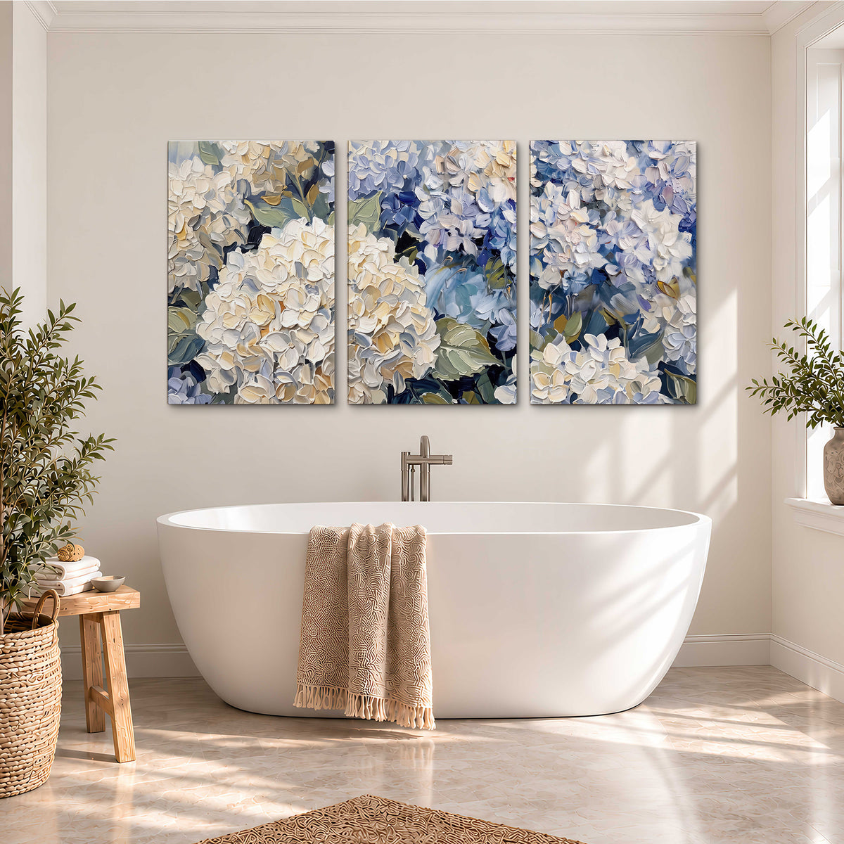 Clusters of pale blue and ivory hydrangea blossoms 3 piece canvas wall art styled in an interior
