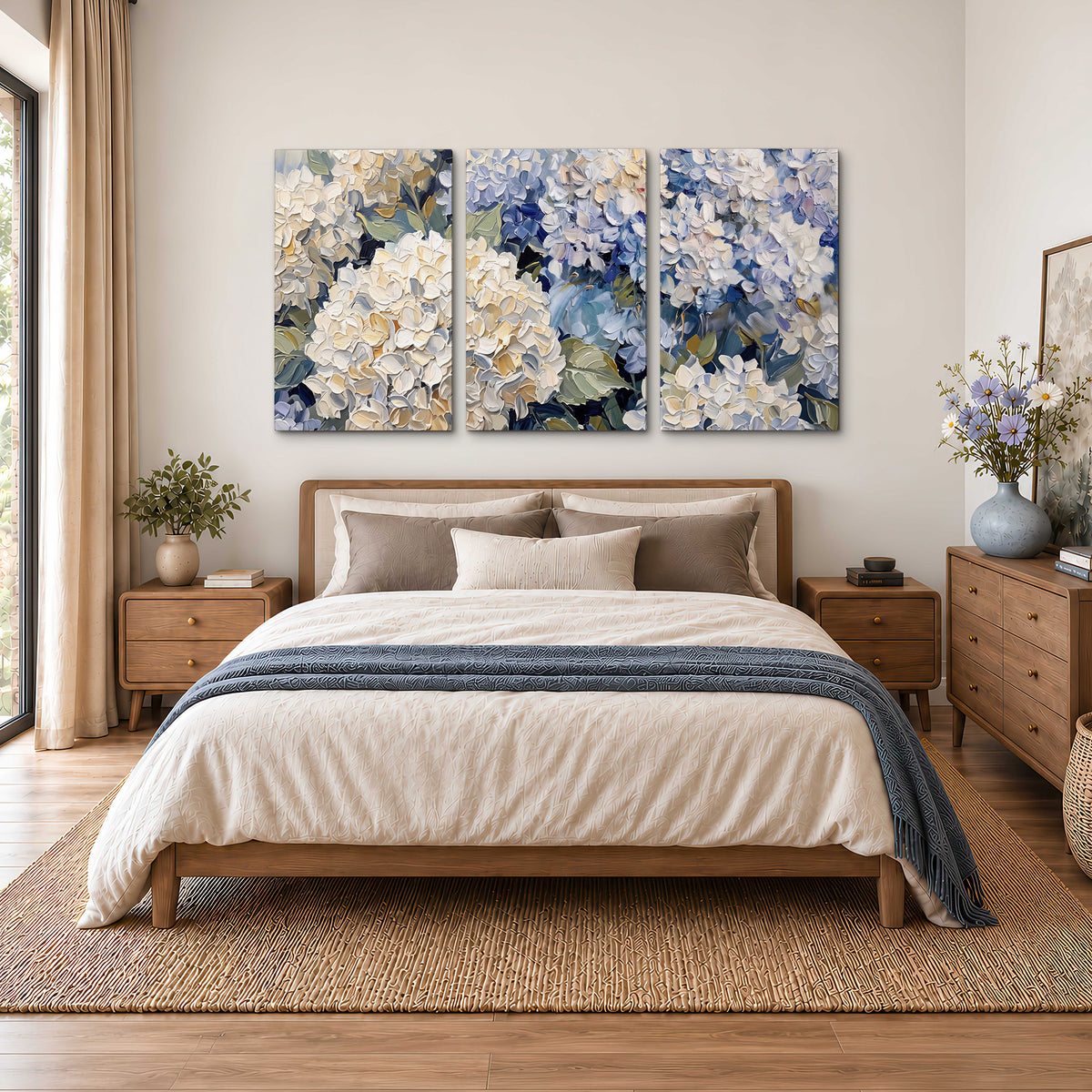 Clusters of pale blue and ivory hydrangea blossoms 3 piece canvas wall art styled in an interior