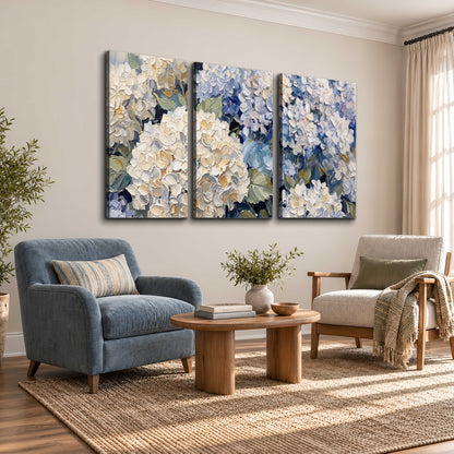 Clusters of pale blue and ivory hydrangea blossoms 3 piece canvas wall art styled in an interior