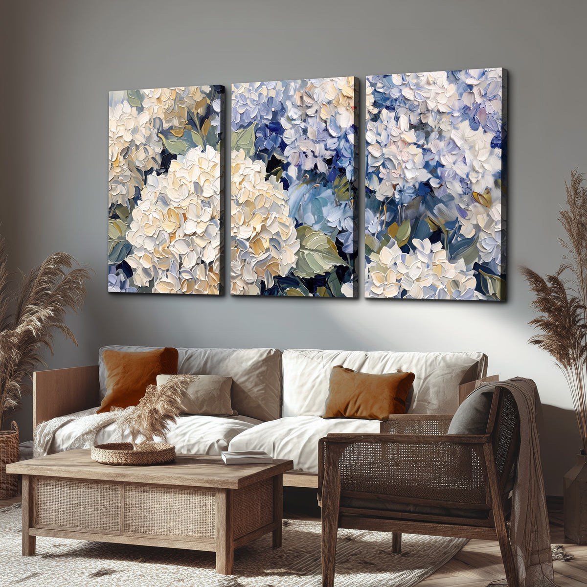 Clusters of pale blue and ivory hydrangea blossoms 3 piece canvas wall art displayed in a rustic living room