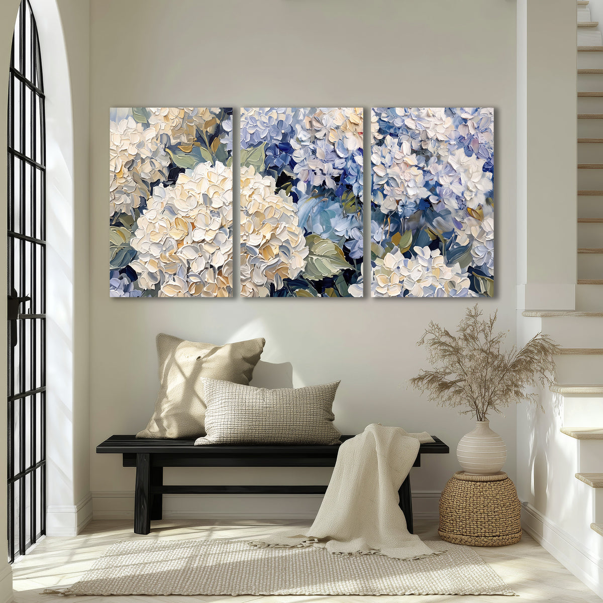 Clusters of pale blue and ivory hydrangea blossoms 3 piece canvas wall art displayed in a entryway