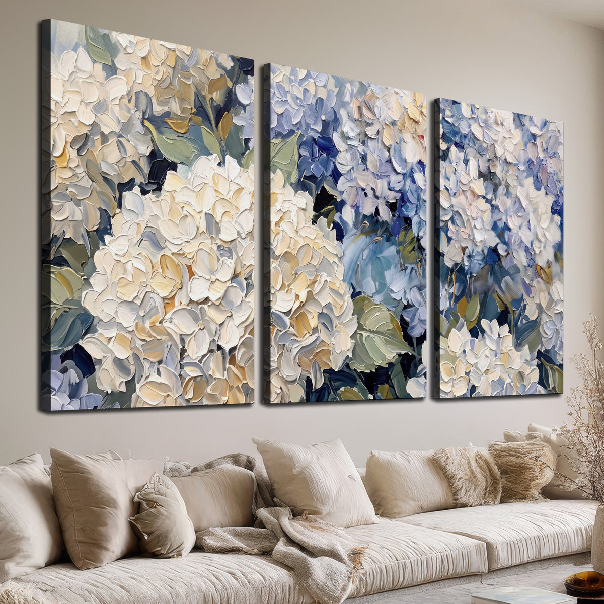 Clusters of pale blue and ivory hydrangea blossoms 3 piece canvas wall art room and product view
