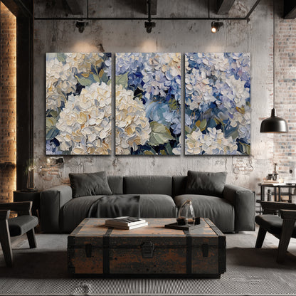 Clusters of pale blue and ivory hydrangea blossoms 3 piece canvas wall art displayed in a industrial room