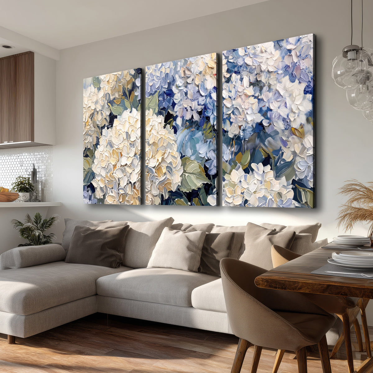 Clusters of pale blue and ivory hydrangea blossoms 3 piece canvas wall art room and product view
