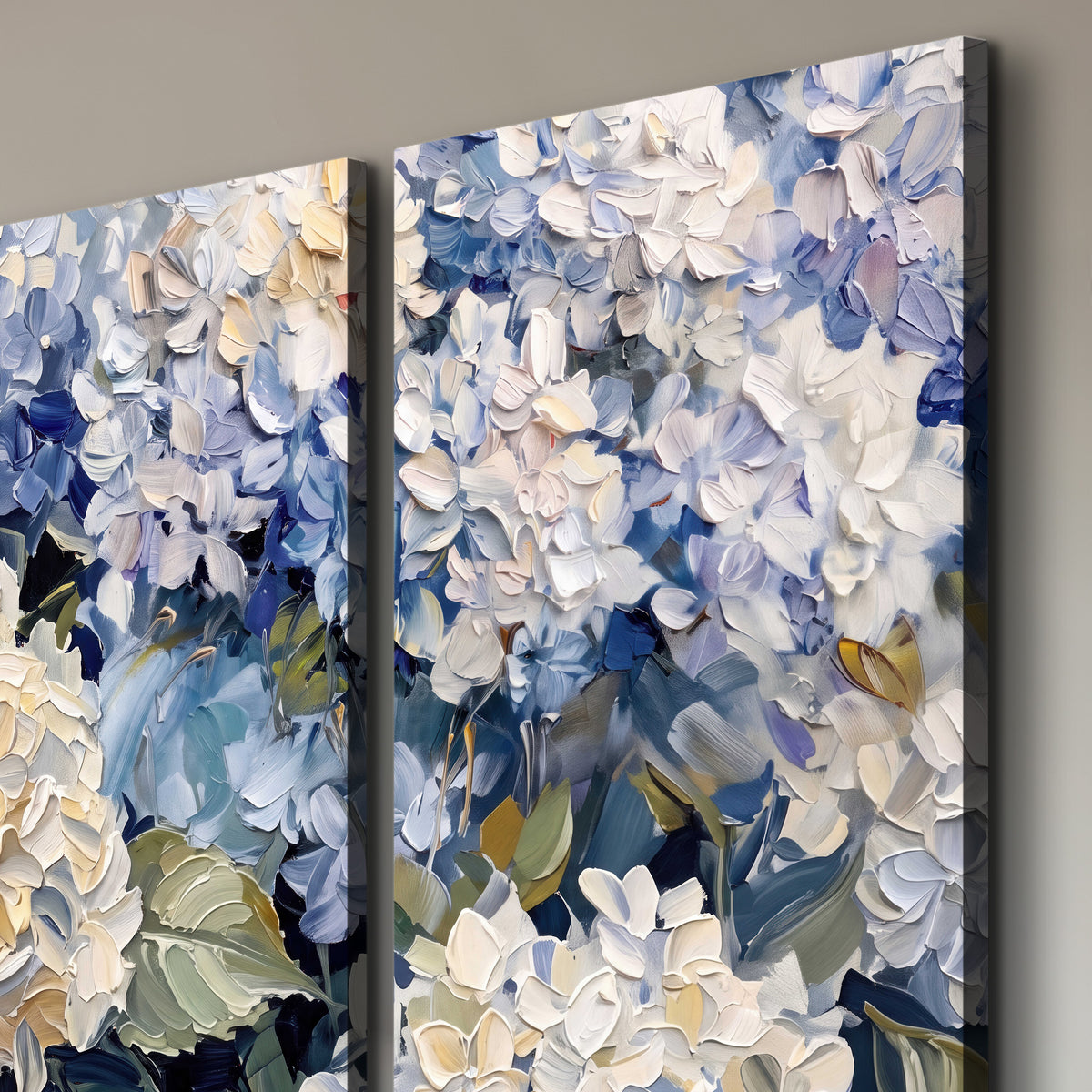 Clusters of pale blue and ivory hydrangea blossoms 3 piece canvas wall art room and product view