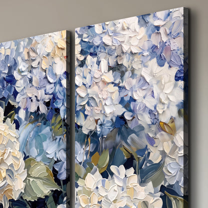 Clusters of pale blue and ivory hydrangea blossoms 3 piece canvas wall art room and product view