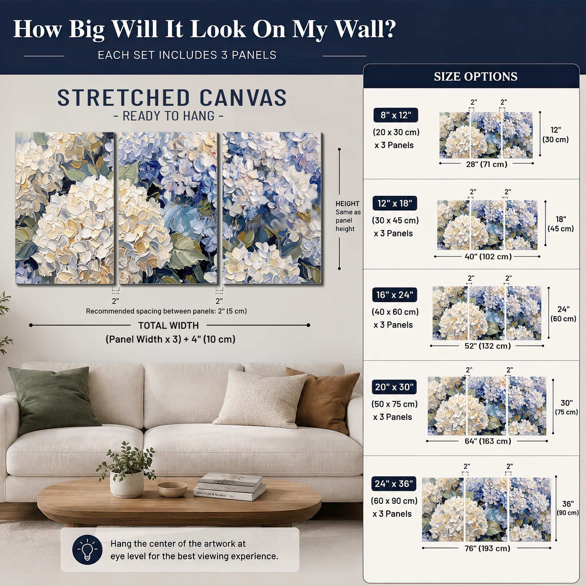 Clusters of pale blue and ivory hydrangea blossoms 3 piece canvas wall art size guide above a sofa; room view is illustrative