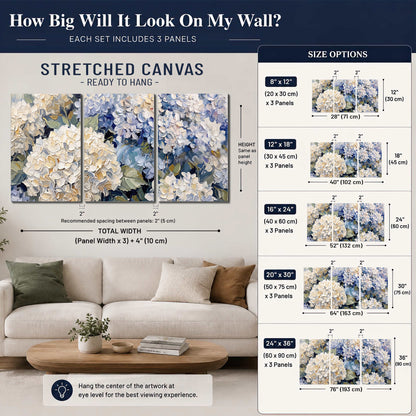 Clusters of pale blue and ivory hydrangea blossoms 3 piece canvas wall art size guide above a sofa; room view is illustrative