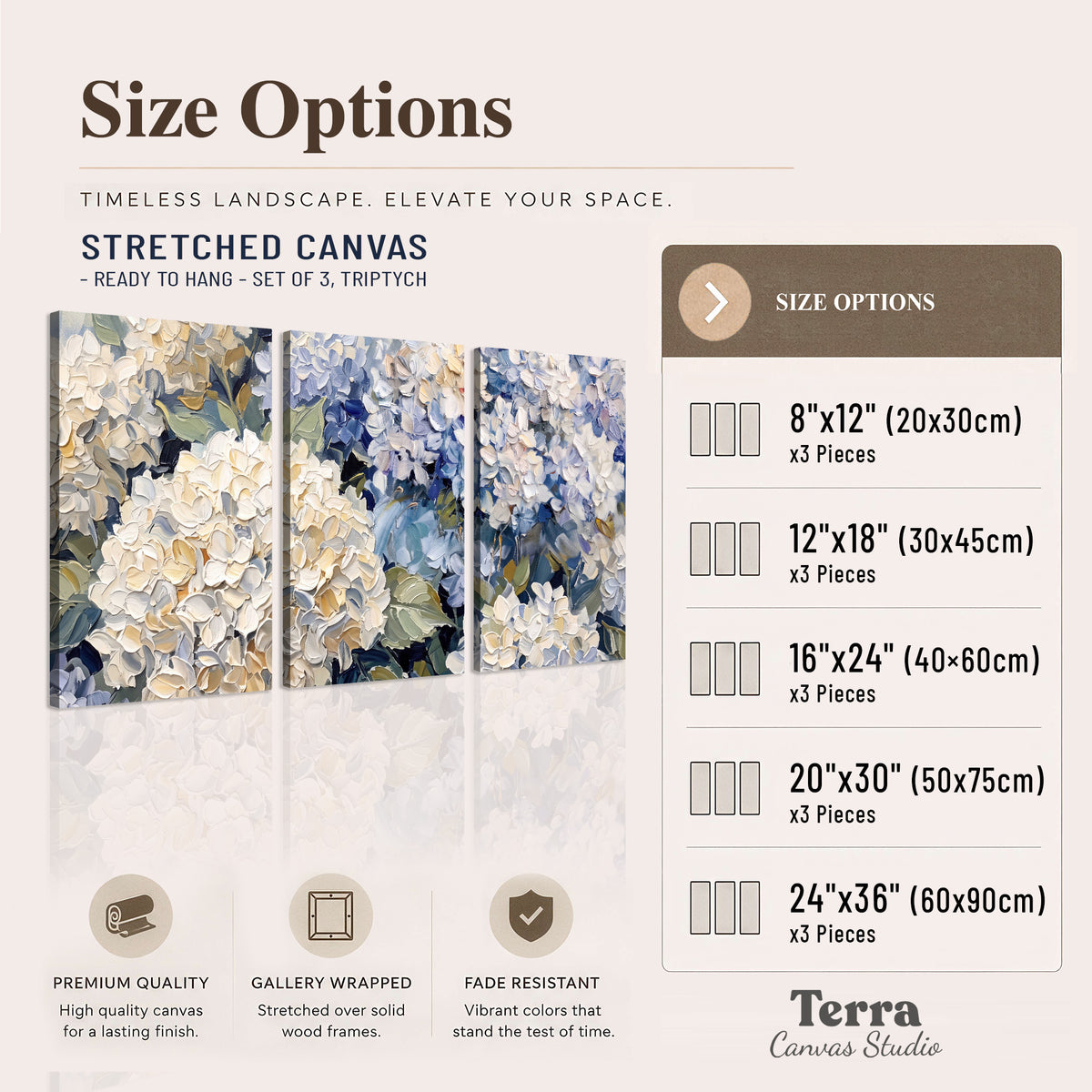 Clusters of pale blue and ivory hydrangea blossoms 3 piece canvas wall art available dimensions; triptych dimensions are per panel