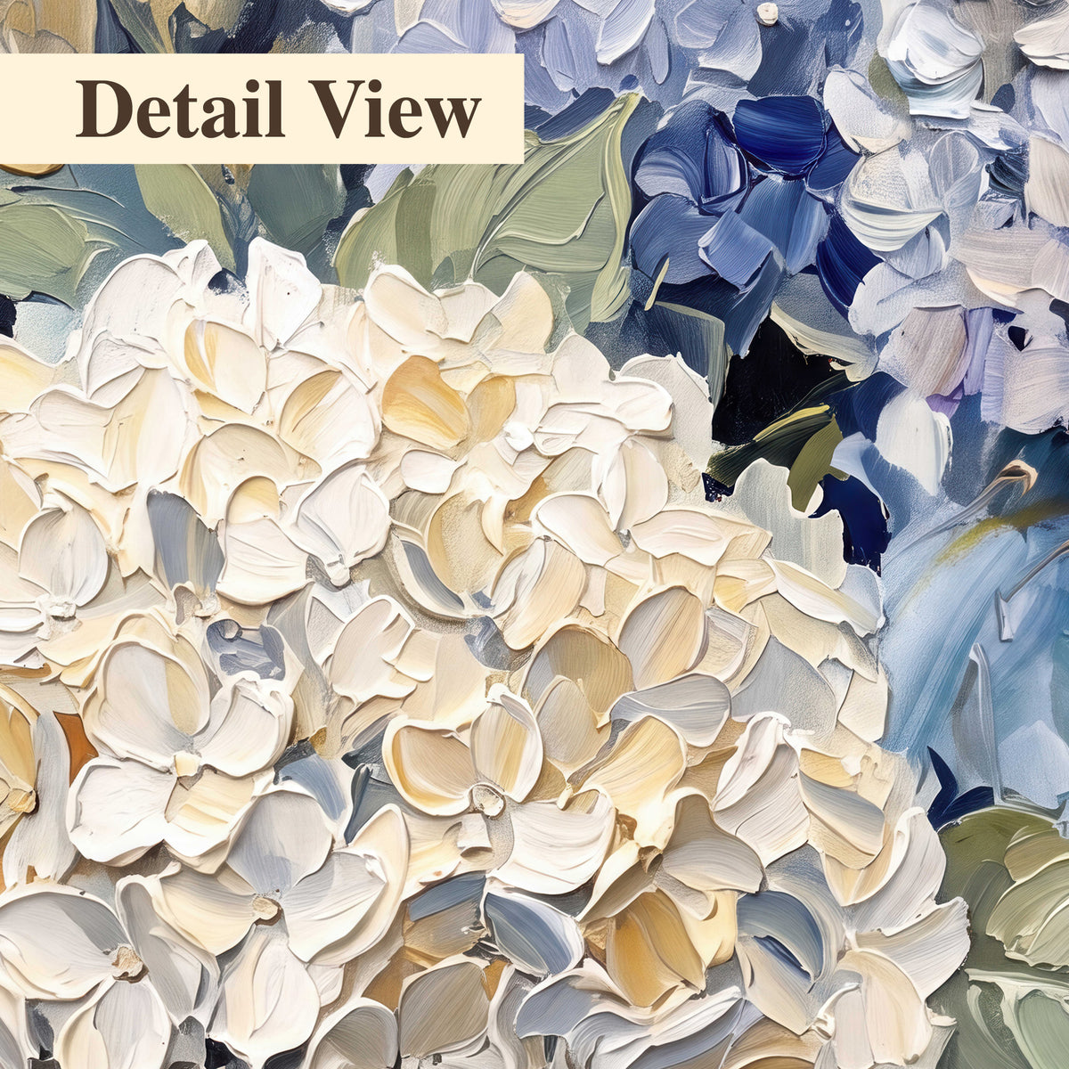 Clusters of pale blue and ivory hydrangea blossoms 3 piece canvas wall art artwork detail close up