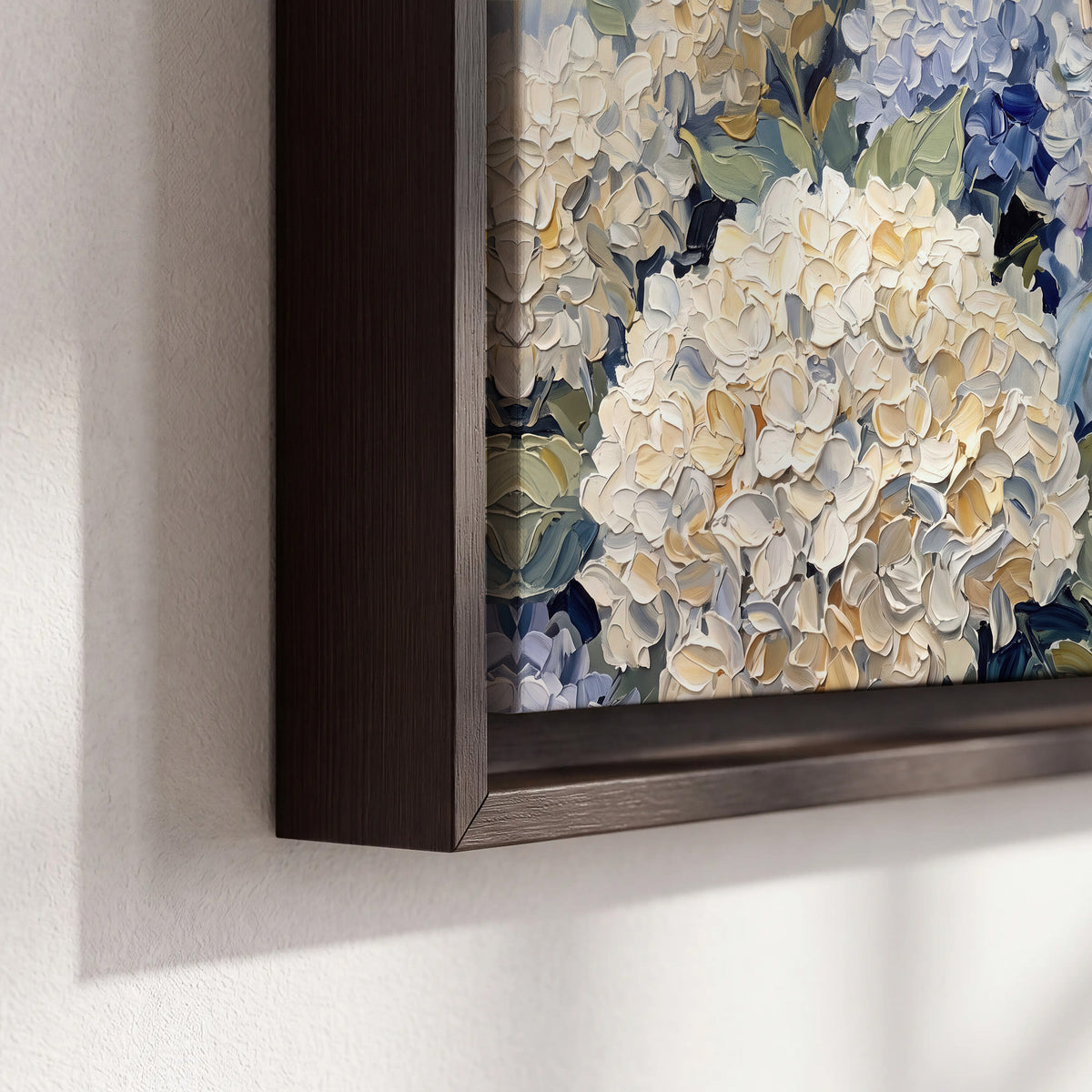 Clusters of pale blue and ivory hydrangea blossoms 3 piece framed canvas wall art material and edge close up