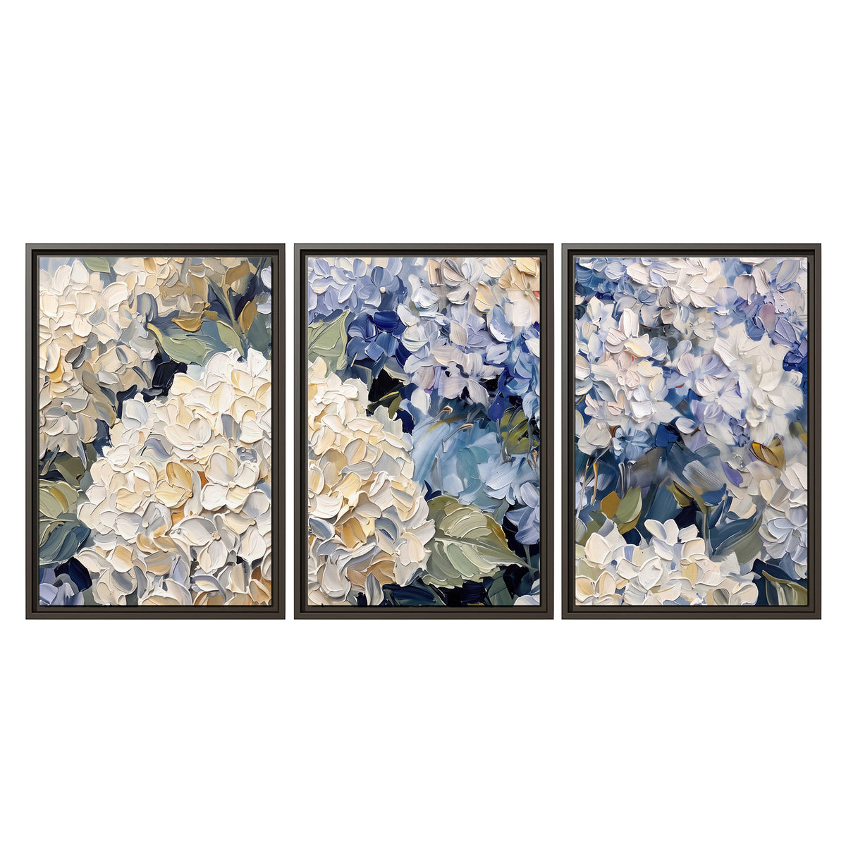 Clusters of pale blue and ivory hydrangea blossoms 3 piece framed canvas wall art viewed straight on