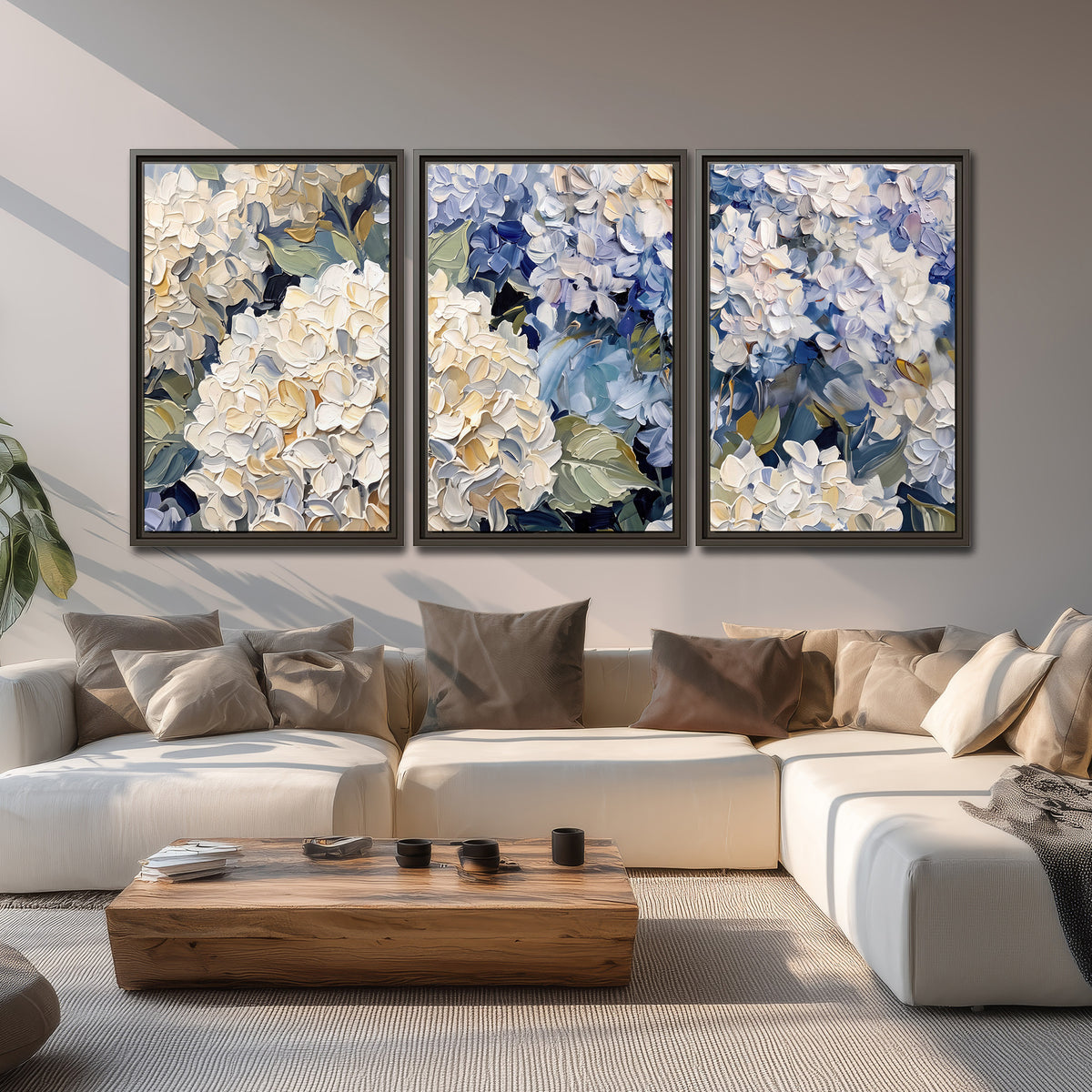 Clusters of pale blue and ivory hydrangea blossoms 3 piece framed canvas wall art displayed in a living room