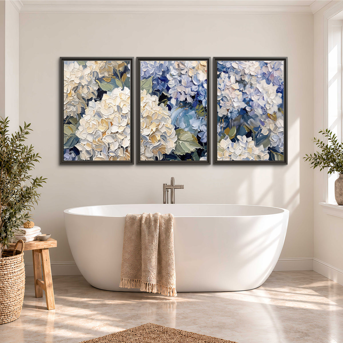 Clusters of pale blue and ivory hydrangea blossoms 3 piece framed canvas wall art styled in an interior