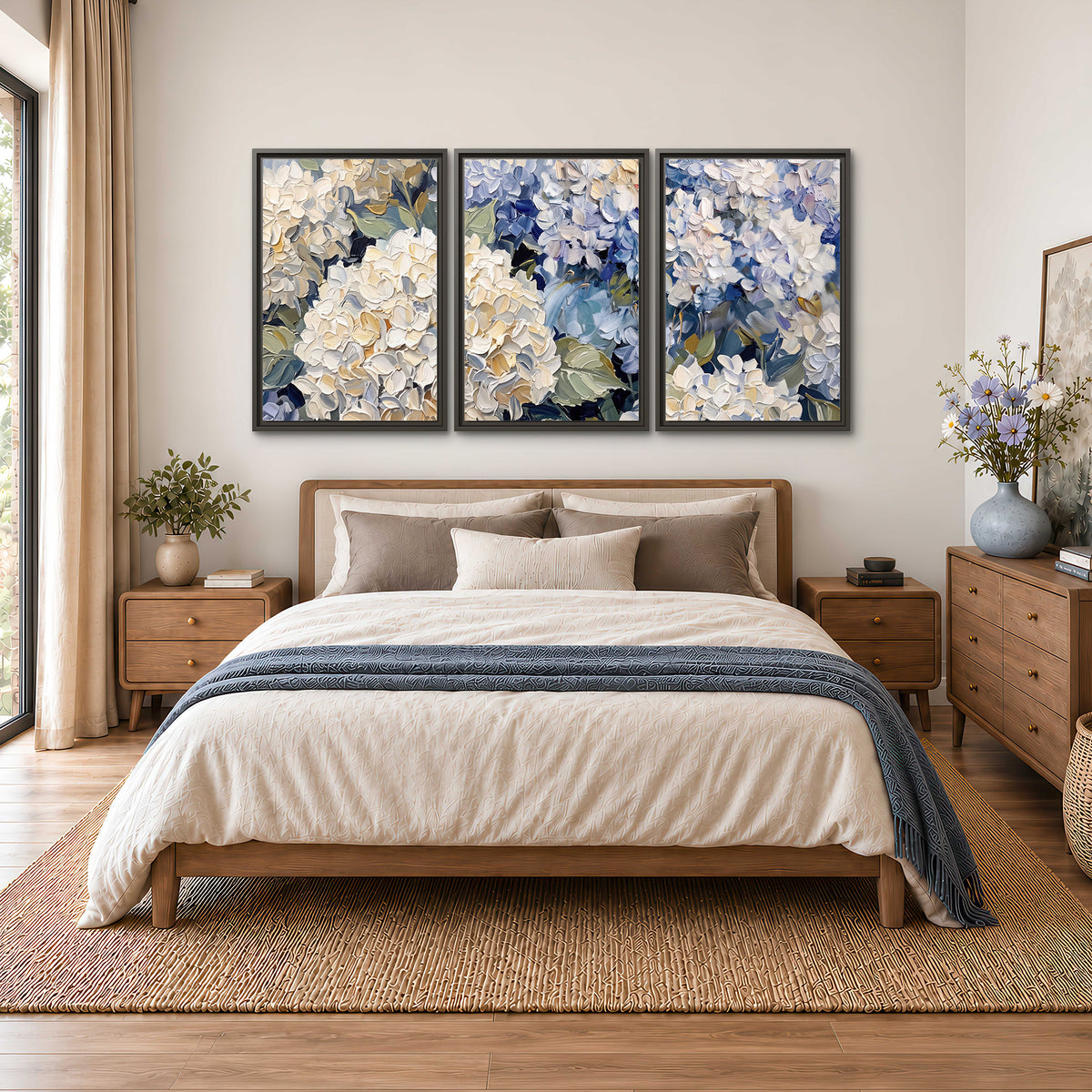 Clusters of pale blue and ivory hydrangea blossoms 3 piece framed canvas wall art styled in an interior
