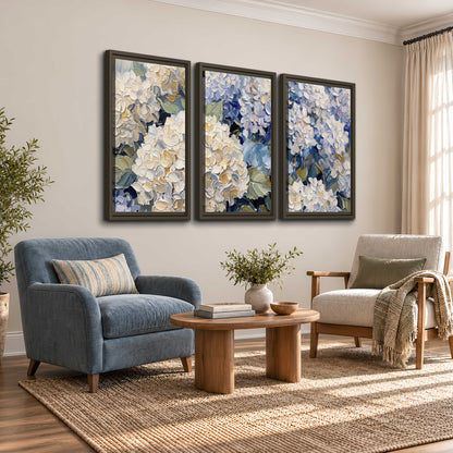 Clusters of pale blue and ivory hydrangea blossoms 3 piece framed canvas wall art styled in an interior
