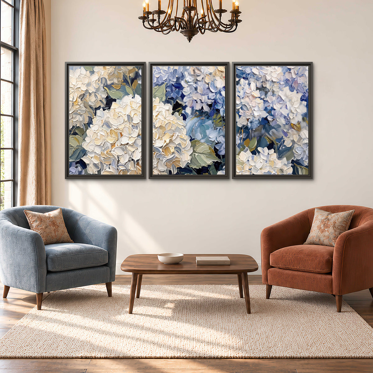 Clusters of pale blue and ivory hydrangea blossoms 3 piece framed canvas wall art styled in an interior