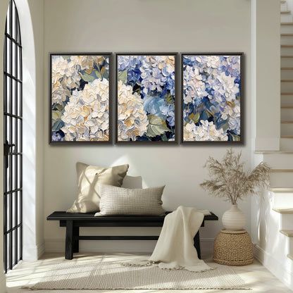 Clusters of pale blue and ivory hydrangea blossoms 3 piece framed canvas wall art displayed in a entryway