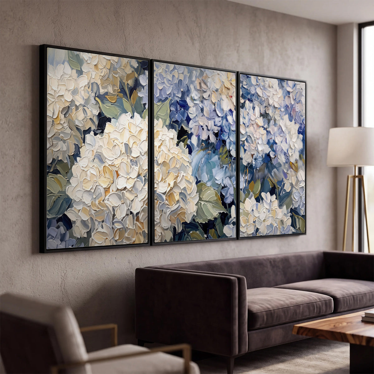Clusters of pale blue and ivory hydrangea blossoms 3 piece framed canvas wall art displayed in a modern living room